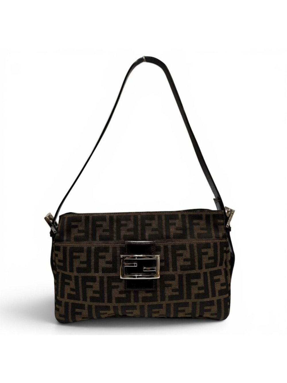 Fendi Vintage Leather Zucca Pattern FF Logo Shoulder Bag Brown